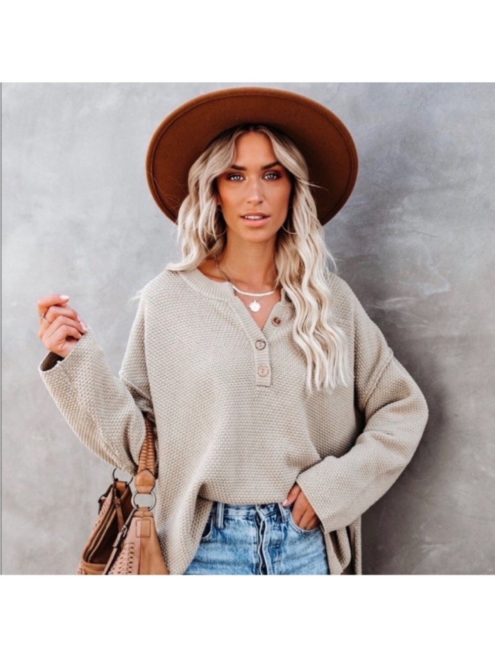 Vici Dark Beige Henley Sweater